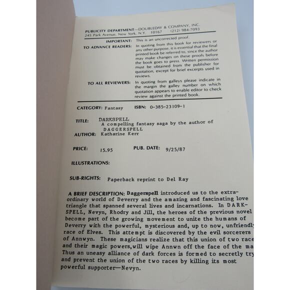 Darkspell Katherine Kerr Uncorrected Proof First Edition 1987 Doubleday Company - Picture 11 of 12